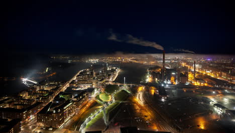 Timelapse-of-fireworks-and-fog-on-new-years-eve-in-Illuminated-Helsinki,-Finland