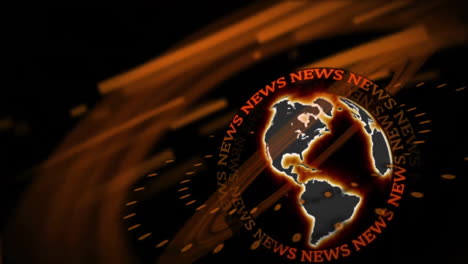 spinning globe with news text animation over dark background with orange lines