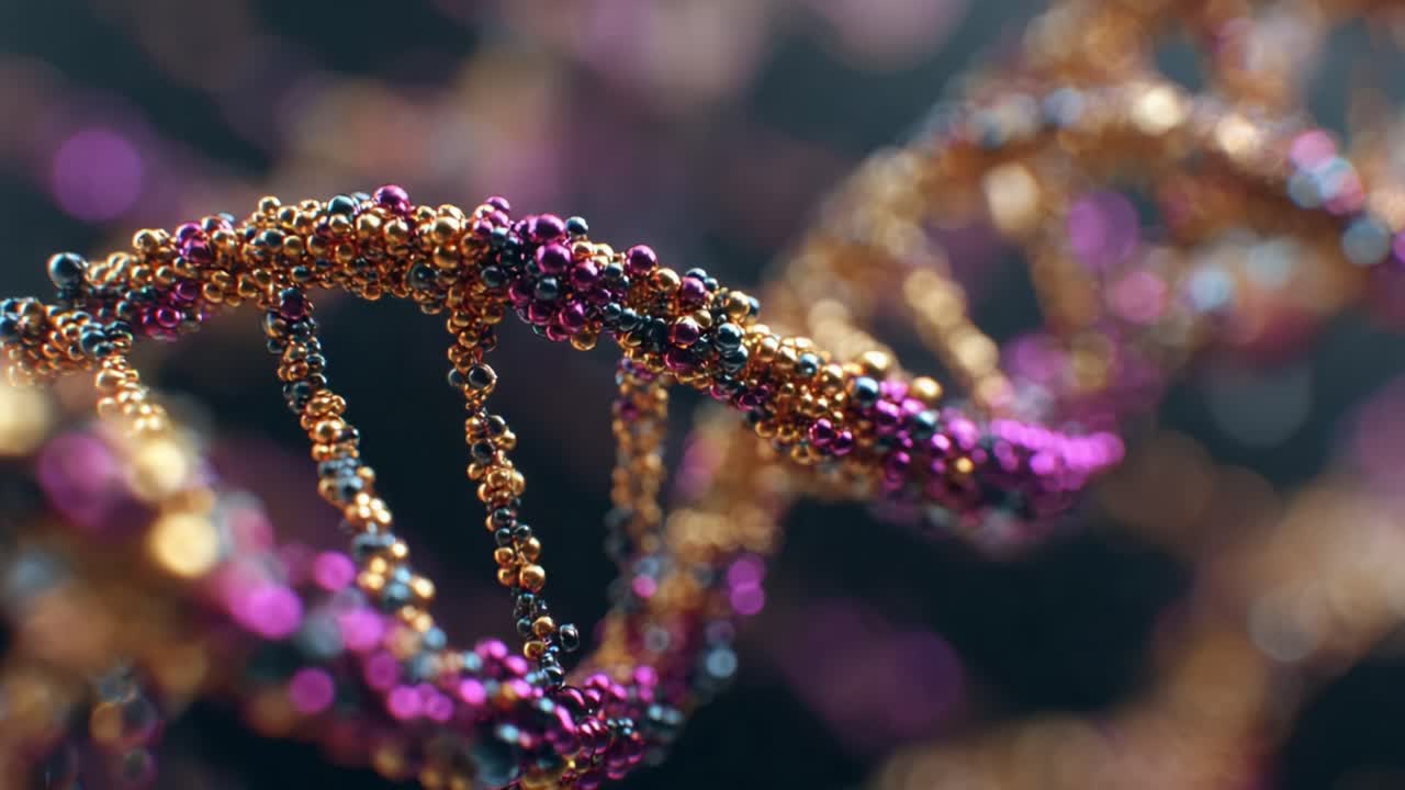 Un incredibile primo piano di una spirale di DNA che mostra la sua struttura complessa e i modelli colorati, illustrando le fondamenta delle informazioni genetiche in tutti gli organismi viventi