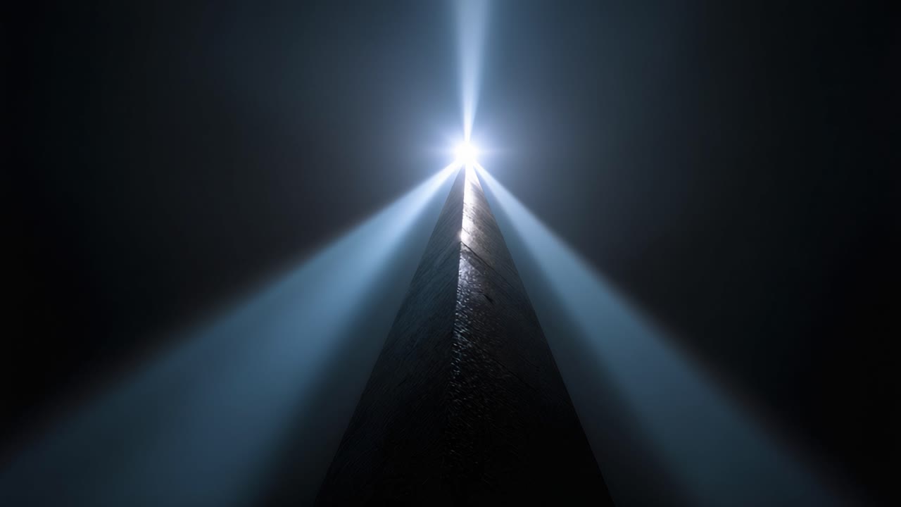 Æterisk lysstråle, der udgår fra en høj struktur i mørket, skaber en unik visuel oplevelse, der fremhæver kontrast og skygger i atmosfæren