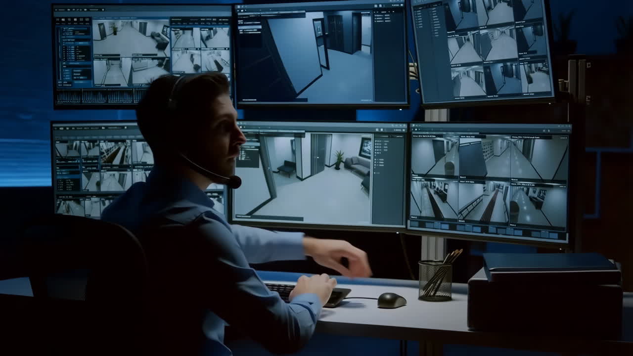 Security professional monitoring surveillance feeds in a control room