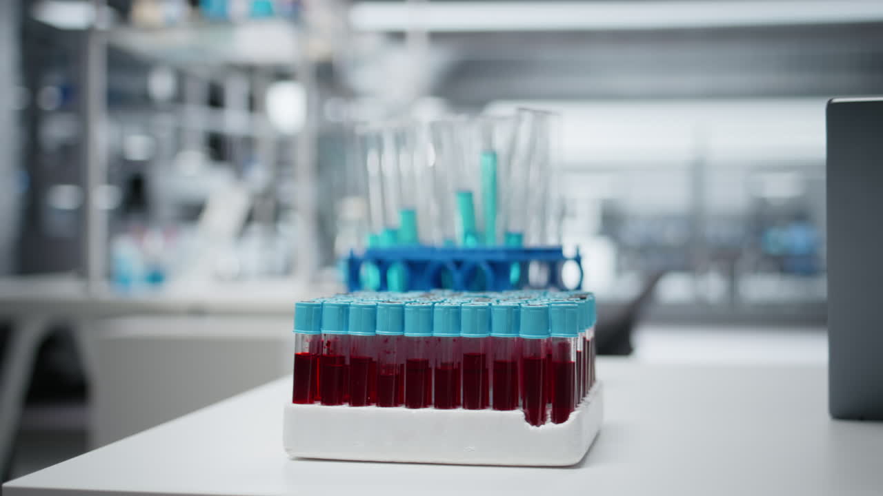 Close up of small glass flasks containing red blood samples on lab workbench