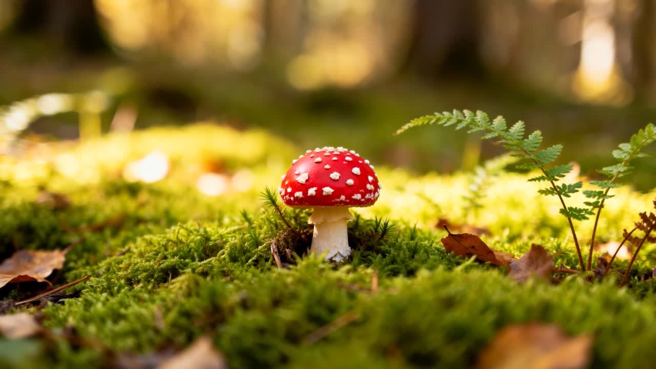 Moving camera bringing red-capped mushroom closer on forest floor, revealing white warts, fern