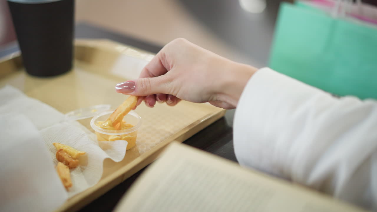Close-up of hand dipping golden French fry into creamy cheese sauce in take-out container, soft-focus background with blurred light and modern dining environment