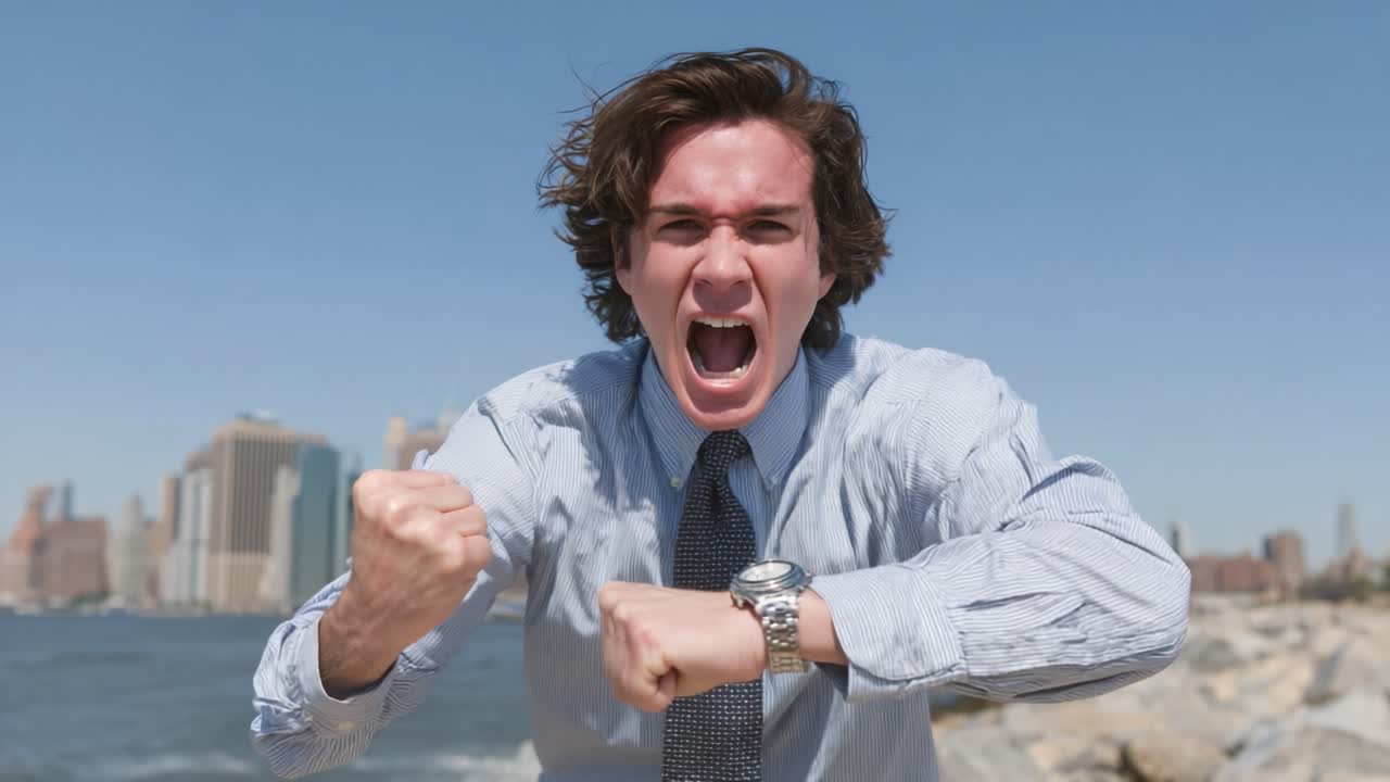 A frustrated businessman explosively expresses his emotions while standing by the water's edge, showcasing intense determination and urgency against a city skyline backdrop