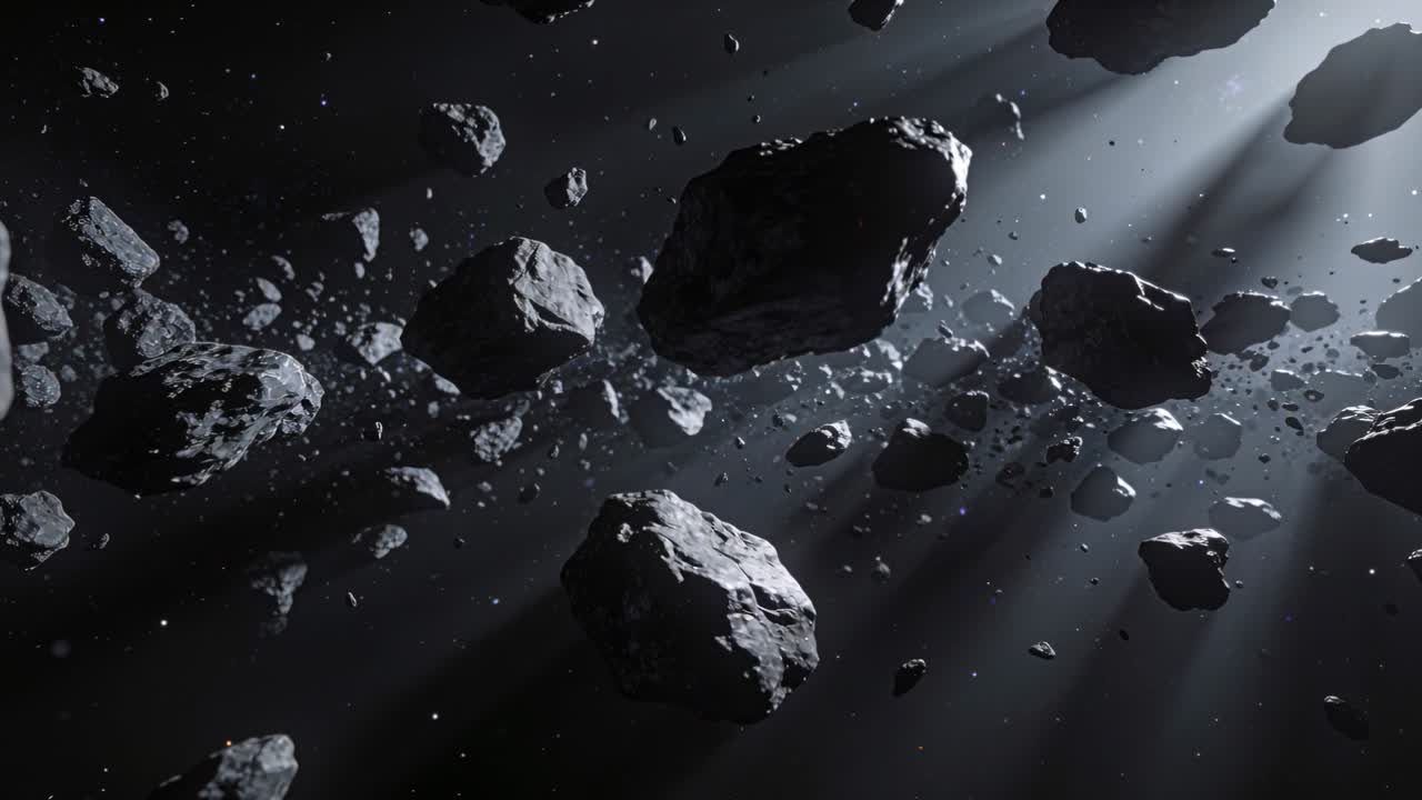 Telecamera che scorre attraverso un denso campo di asteroidi sotto un sole in alto a destra, rivelando un masso centrale