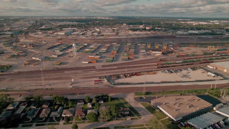 sliding aerial of intermodal terminal rail road with yard full of containers