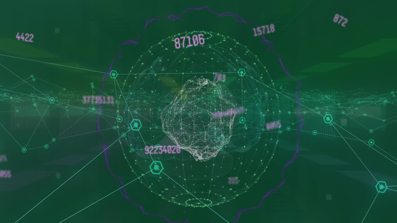 animación de números, globos y conexiones en el espacio digital verde