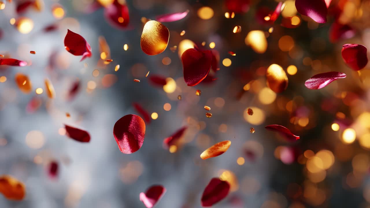 A Captivating Visual Symphony of Floating Rose Petals and Sparkling Particles, Creating an Enchanting Atmosphere that Evokes Joyful Celebrations and Romantic Moments in Every Frame