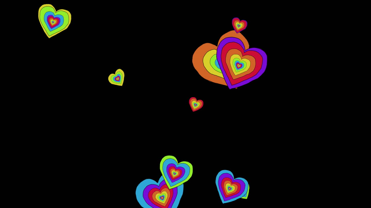 검은 바탕 위에 무지개 심장의 애니메이션