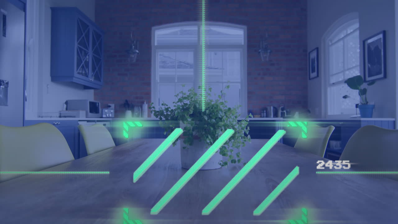 líneas digitales verdes y animación de números sobre el interior de la cocina moderna