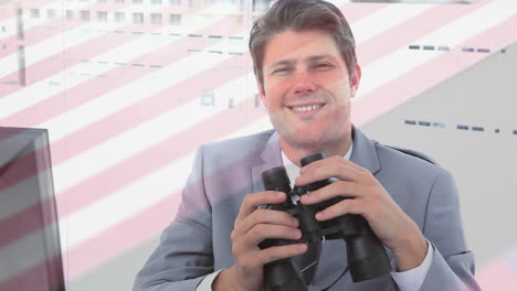 animación de un hombre de negocios caucásico con binoculares sobre la bandera de los estados unidos