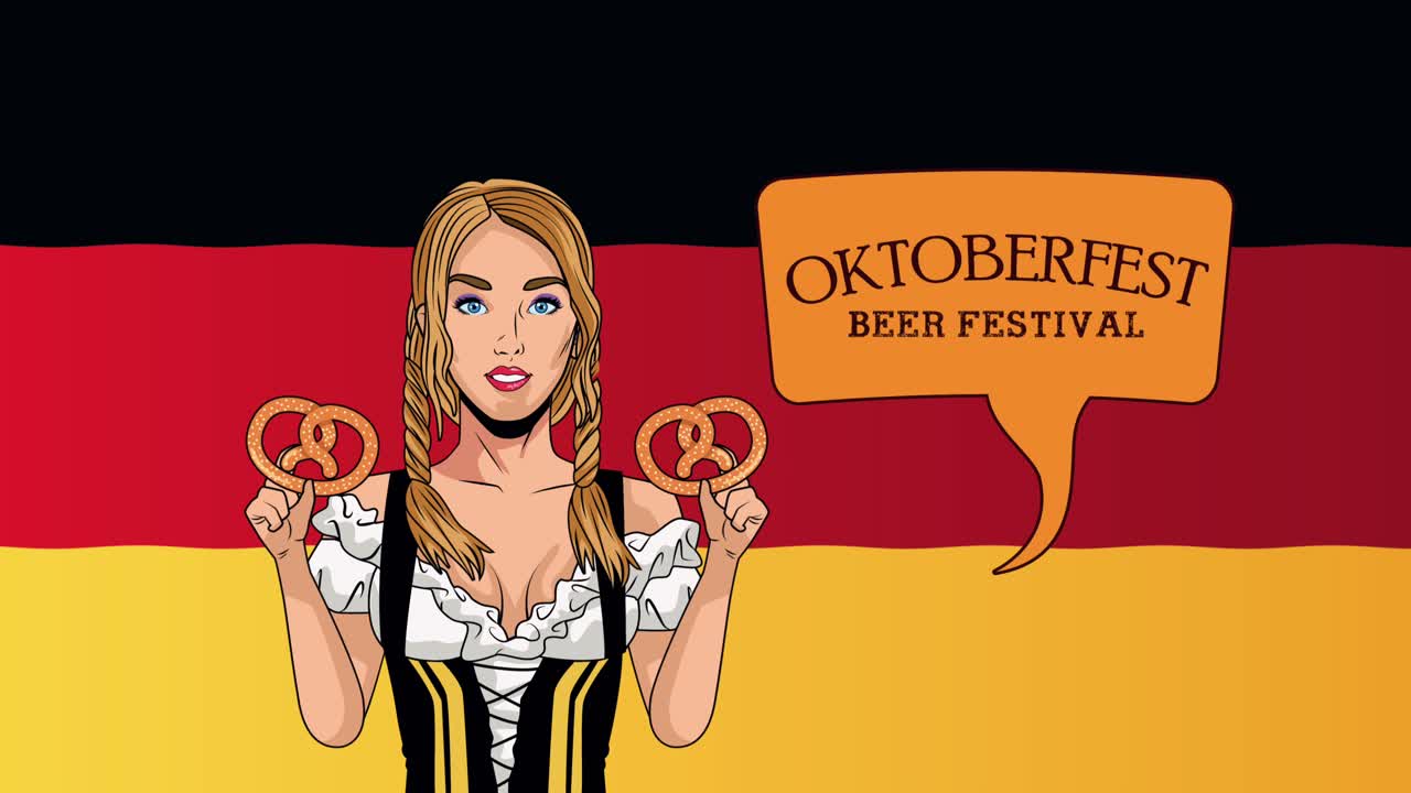 animación de celebración de oktoberfest feliz con chica sexy levantando pretzels y bandera de alemania
