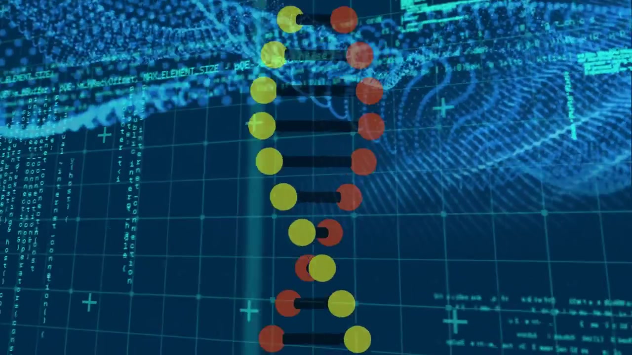 Animation of dna strand over data processing and spots on black background