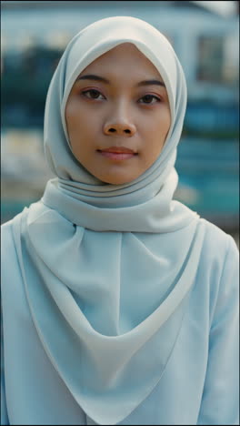 portrait of a young woman in a light blue hijab