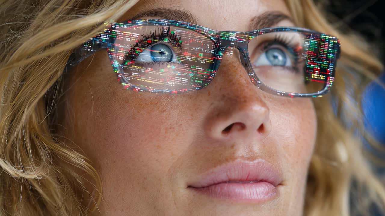 A Close-Up Portrait of a Woman Wearing Innovative Smart Glasses Displaying Complex Data and Infographics, Signifying the Intersection of Technology and Daily Life
