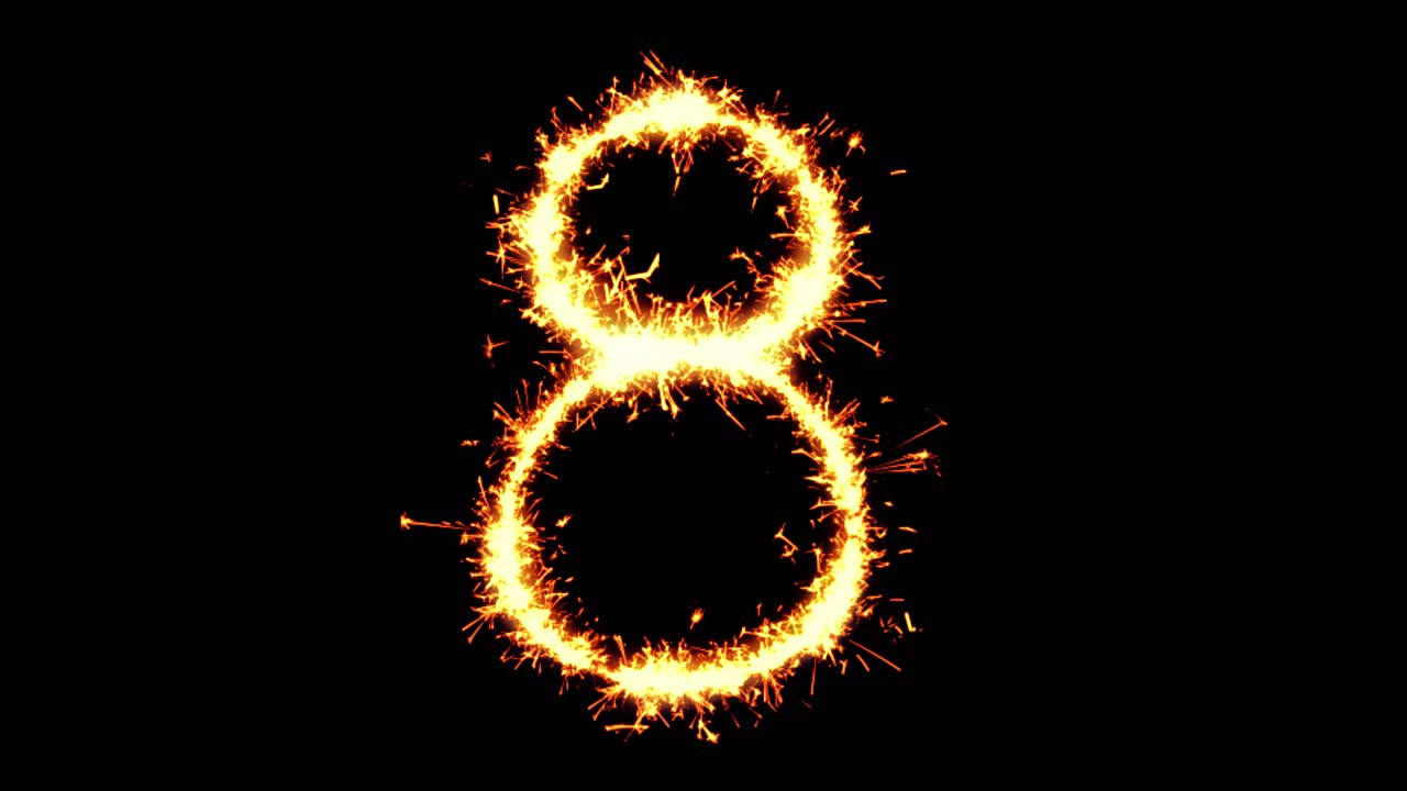 Number 8 text sparkler writing with glitter sparks particles firework on black 4k loop background