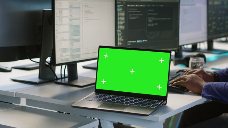 Laptop mit grünem Bildschirm an einem Softwareentwicklungs-Arbeitsplatz