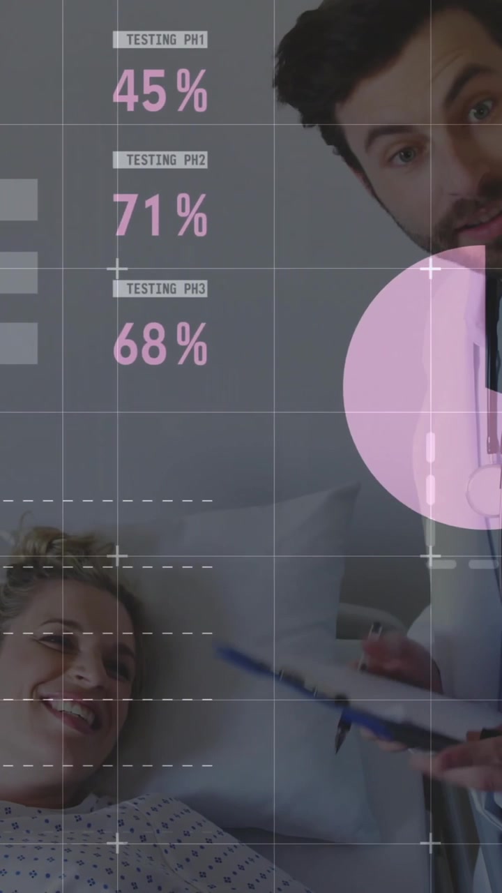 Animazione di elaborazione dati e diagrammi su medici caucasici con paziente nel letto d'ospedale