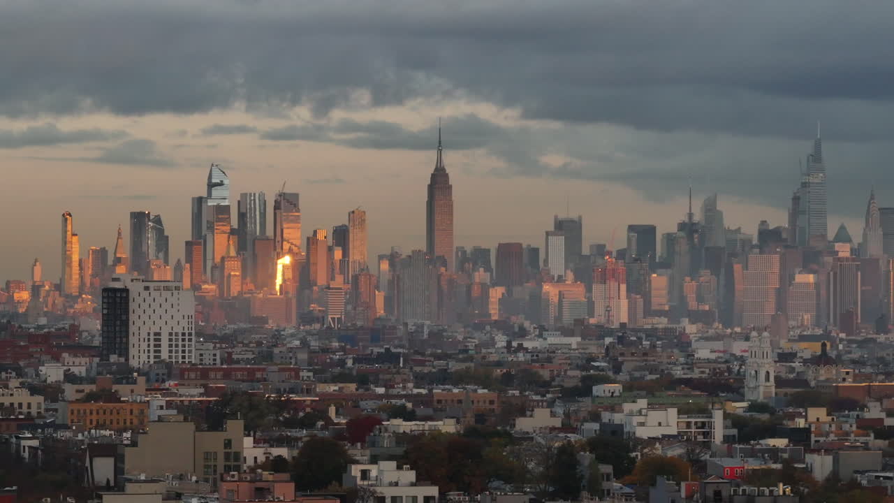 Aerial view of the New York City skyline at sunrise