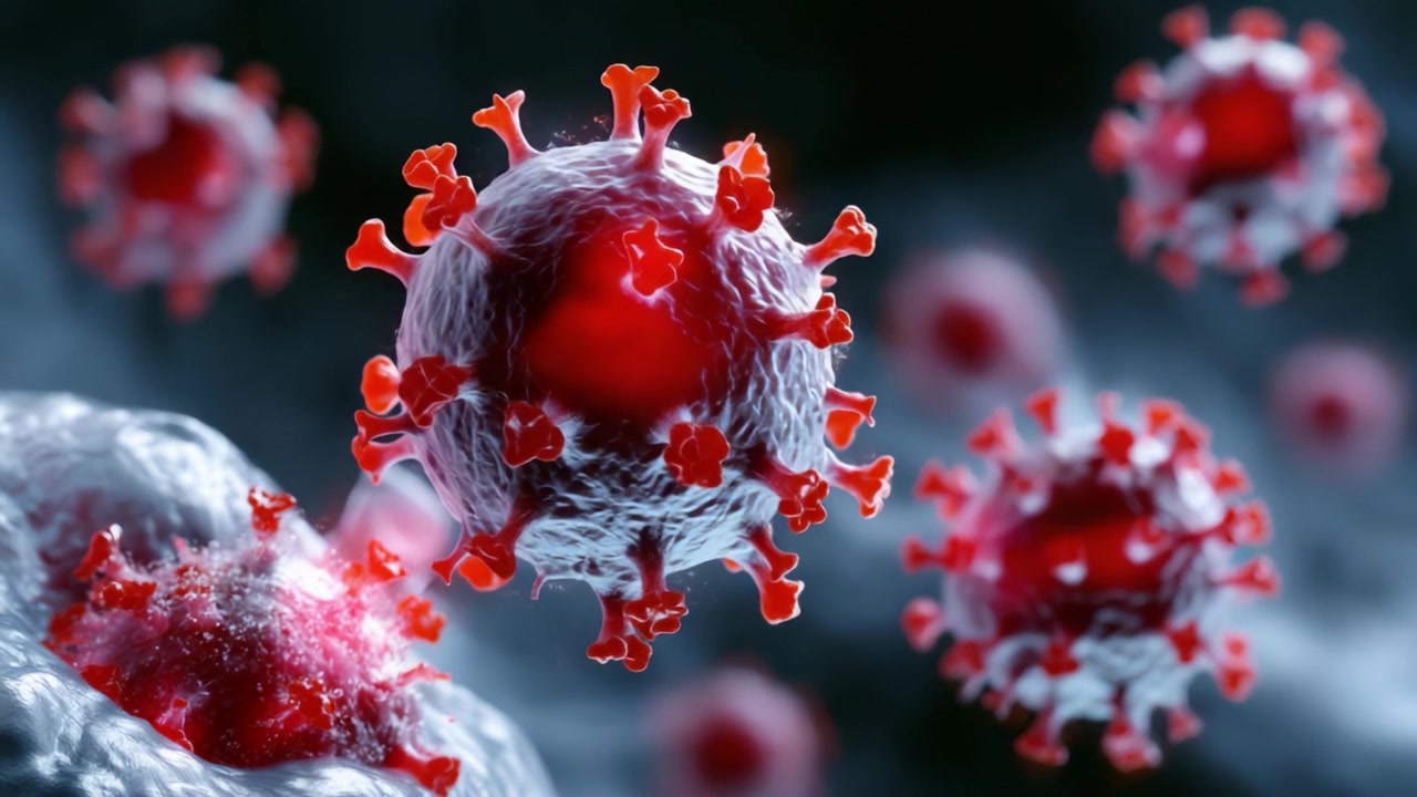 Visualizzazione complessa di particelle virali: Un'esplorazione dettagliata delle strutture patogene e delle loro interazioni in un ambiente microscopico.
