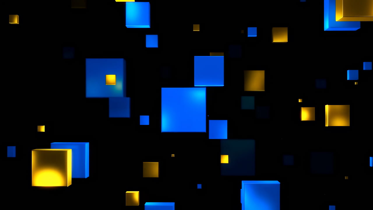 Blue Gold Floating Cubes Cascade Against Black Backdrop, Luminous Squares Rotate And Drift In Three