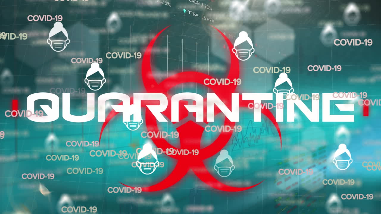 animación de covid 19, iconos en máscaras faciales y cuarentena sobre fondo azul