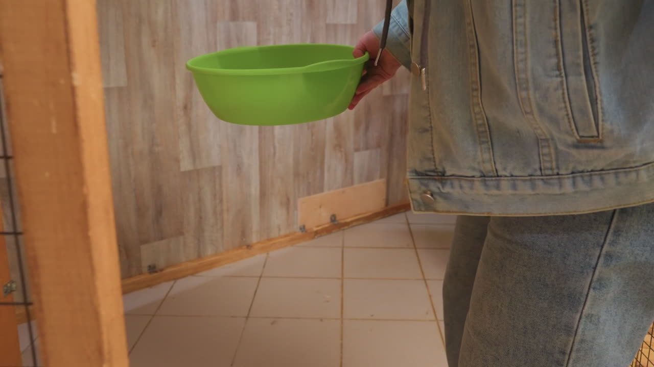 Caucasian woman offering green bowl, denim jacket wearing volunteer feeds curious raccoon behind wire mesh enclosure, coaxing with treats, placing bowl on tiled floor, gentle gesture, calm atmosphere