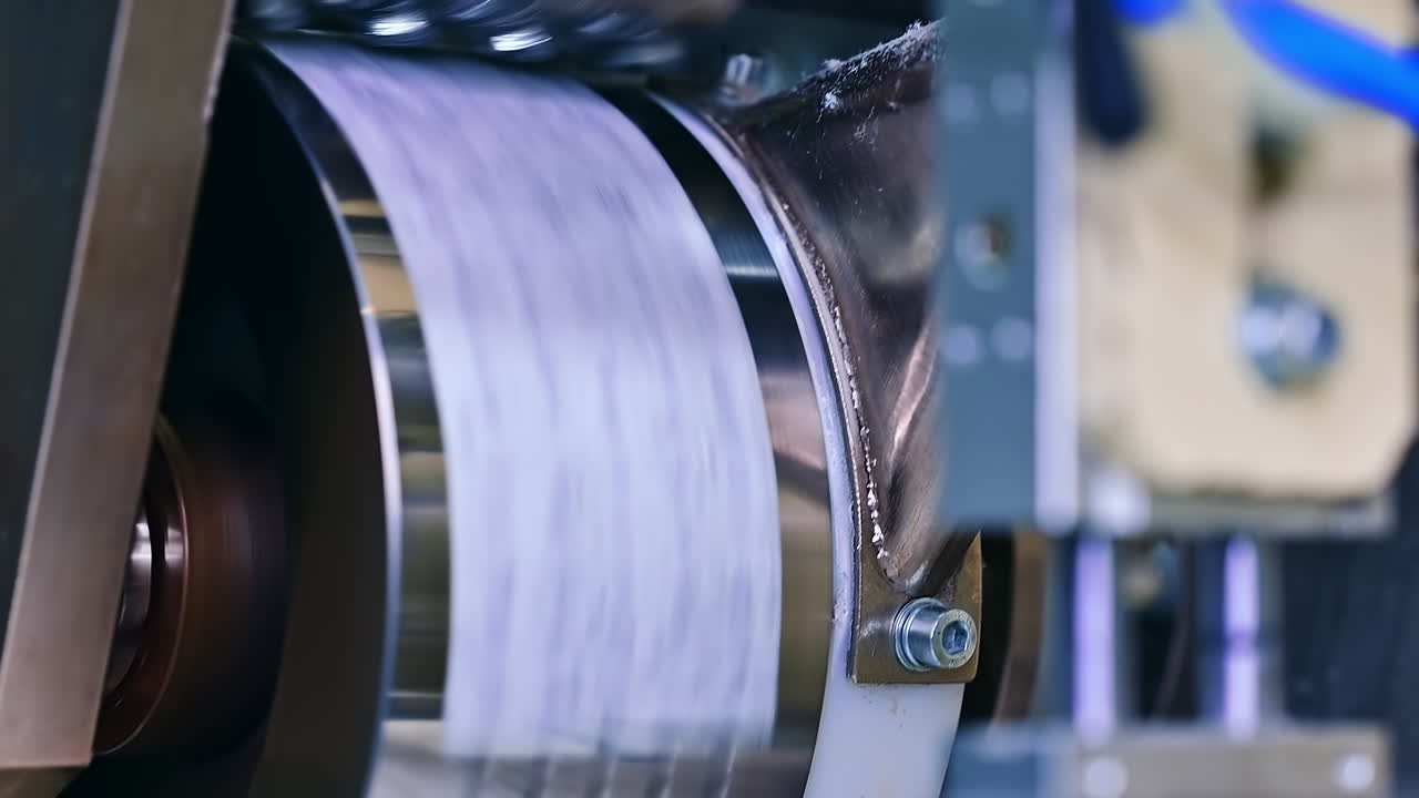 Factory technological producing diapers. Roller rotation automated production.