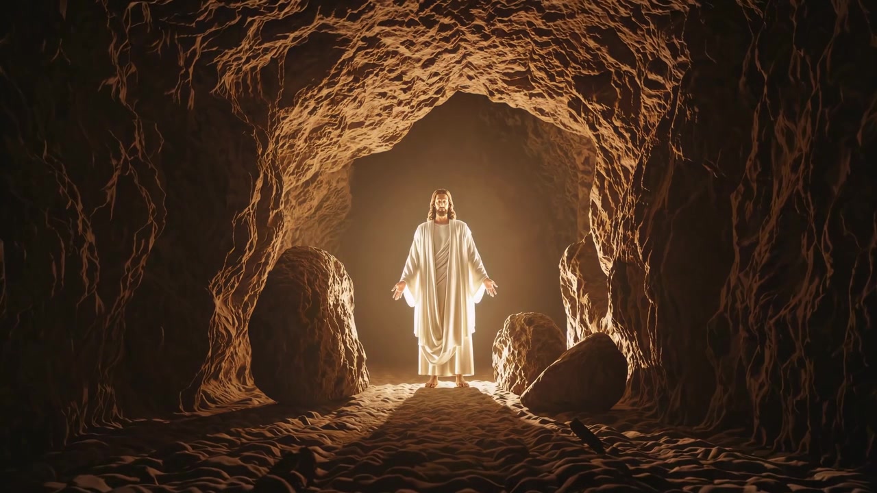 Figura in vesti bianche in piedi all'ingresso di una grotta luminosa