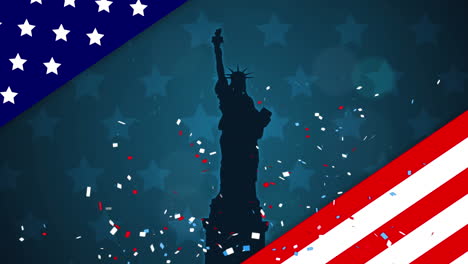 colorful confetti falling and us flag against silhouette of statue of liberty