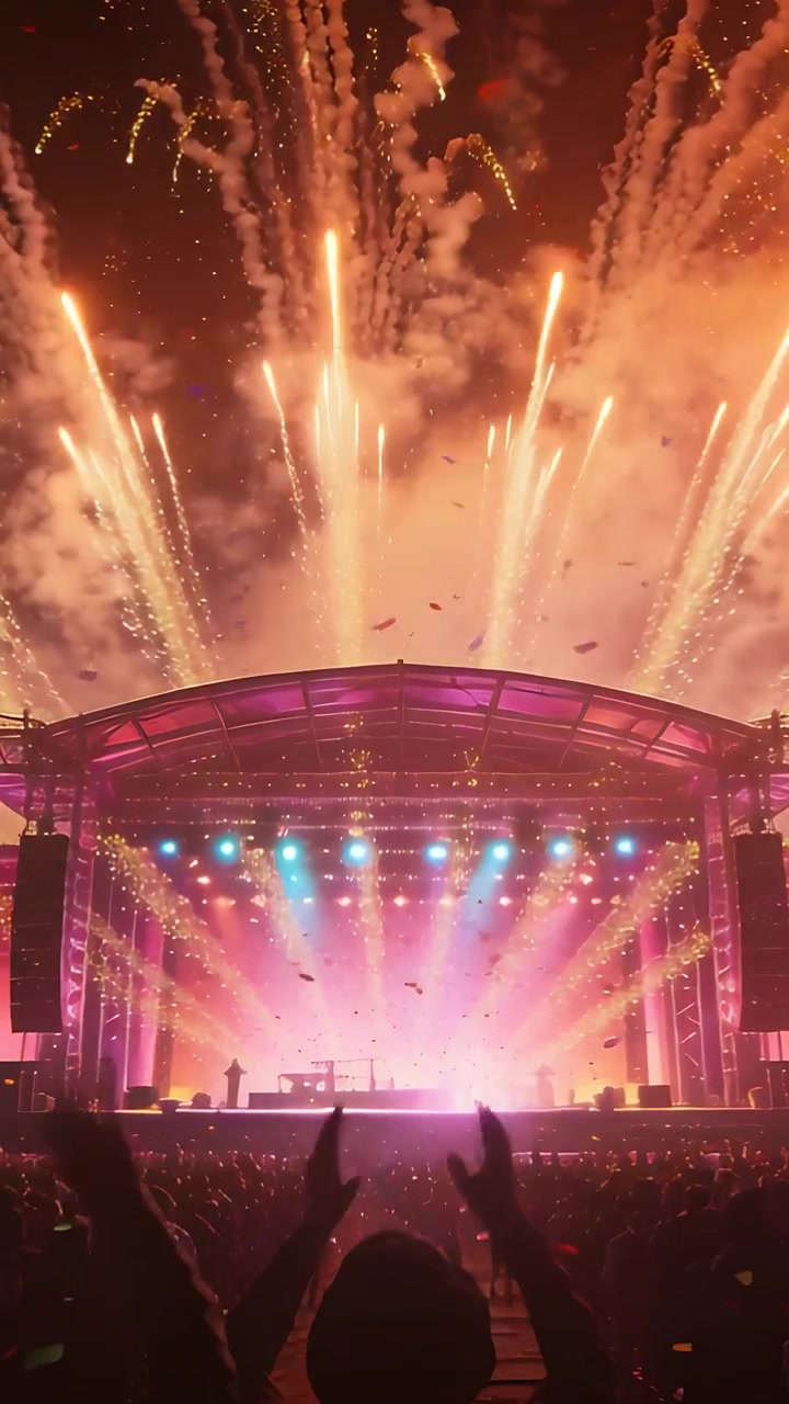 Video verticale: Pirotecnici che lanciano fuochi d'artificio e illuminano il palco al finale del festival, con coriandoli che cadono.