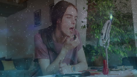 young person applying makeup at home with sparkling animation overlay