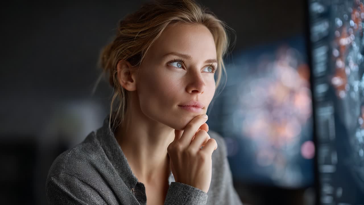 Thoughtful woman deep in contemplation as she gazes at a computer screen, reflecting on ideas and innovation in a thoughtfully lit environment