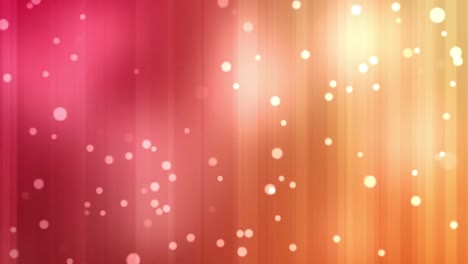 red decorative designs and white spots floating against pink and yellow gradient striped background