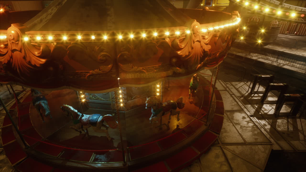 Empty amusement park at night featuring a deserted carousel under warm lights