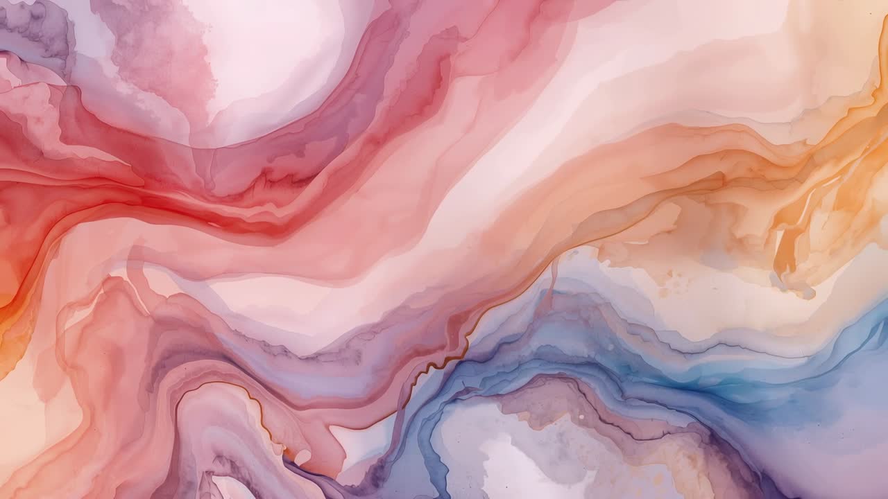 Flowing marbled watercolor shifting pigment bands on flat canvas after wet wash, forming thin veins