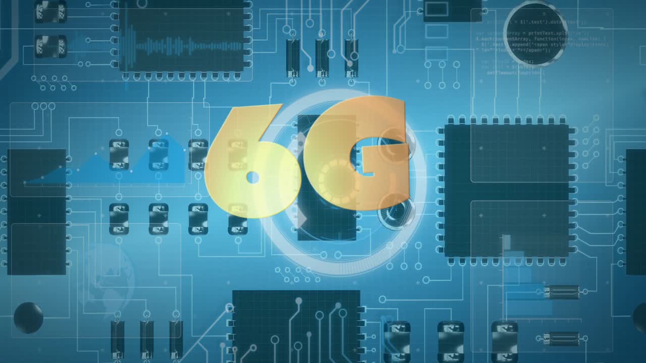 animación de texto de 6g, escaneo de alcance sobre la placa de circuito del servidor de computadora