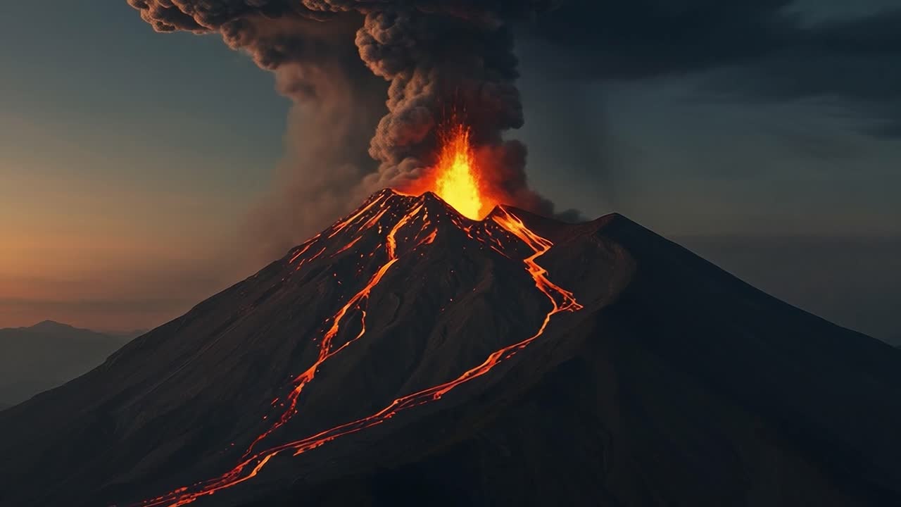 Majestic Eruption: A Stunning Display of Nature's Power as Lava Flows from the Summit of a Volcanic Mountain, Casting an Orange Glow Against the Darkening Sky