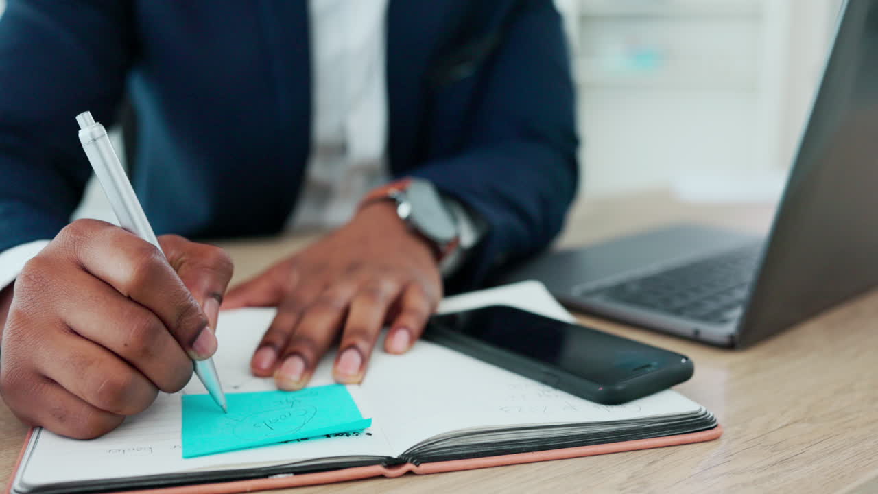 Writing, notebook and hands of business man