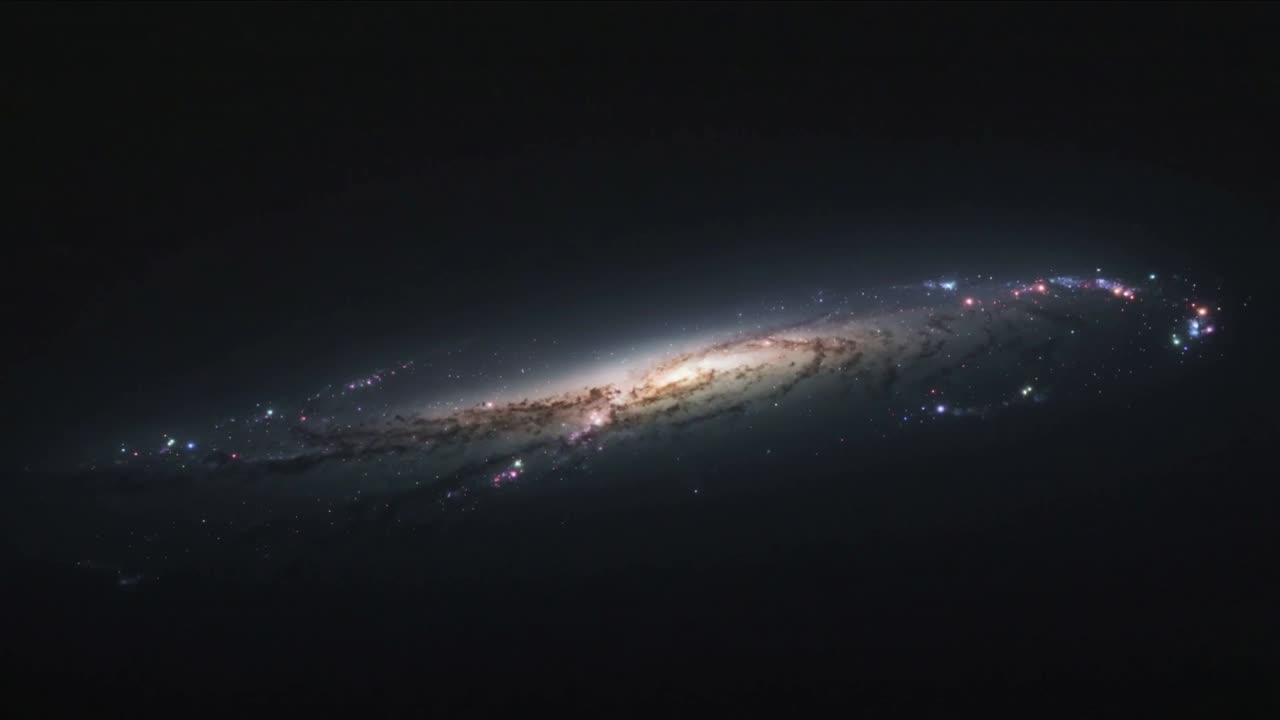Registrando fotogrammi che mostrano il bulge di una galassia a spirale di taglio che si illumina nello spazio profondo, con nodi che fluttuano.