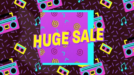 Animation-of-retro-huge-sale-text-over-pink-square-and-retro-tapes-on-brown-background