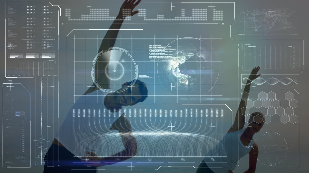 해변에서 운동하는 백인 커플에 대한 데이터 처리 애니메이션