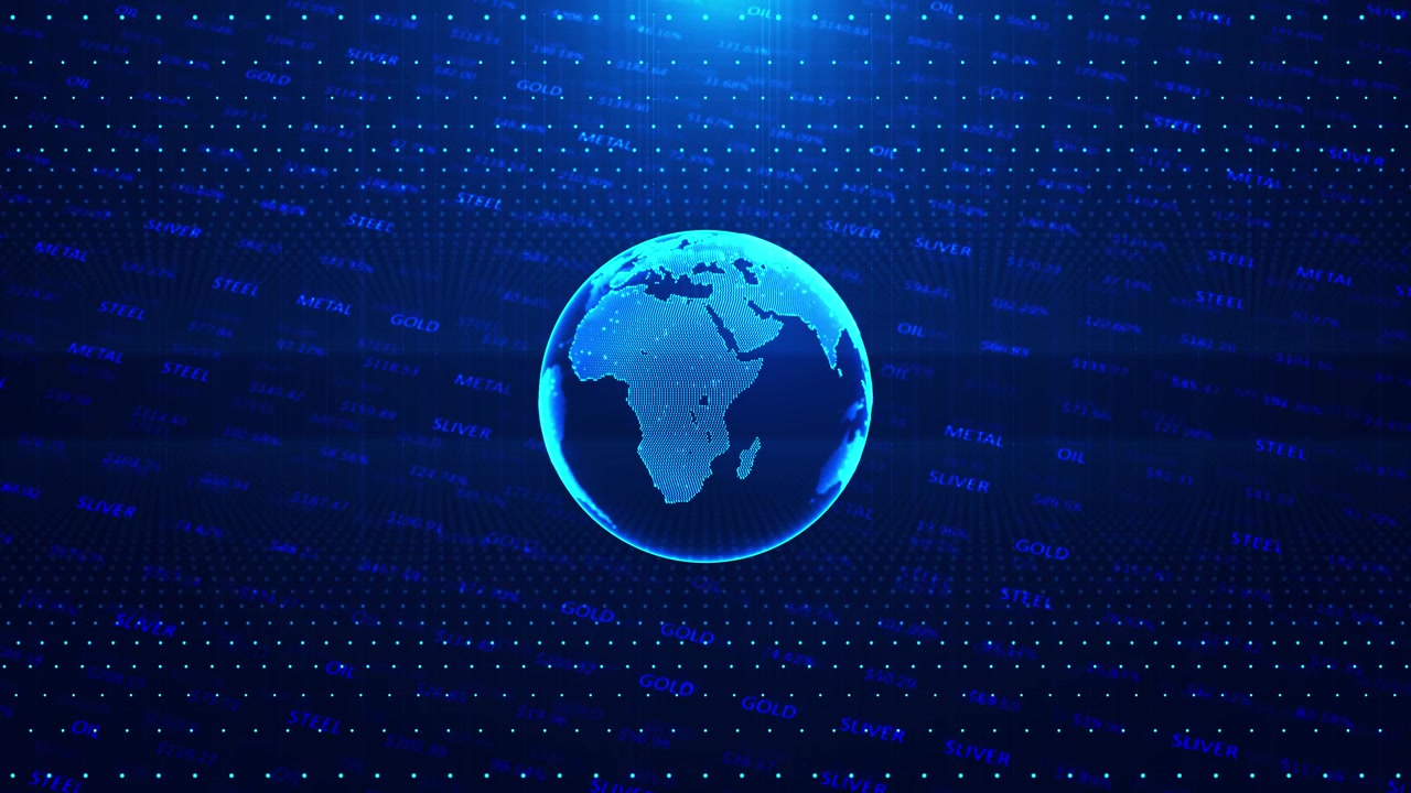 Blue finance world trading visual with digital globe floating market labels and glowing data matrix