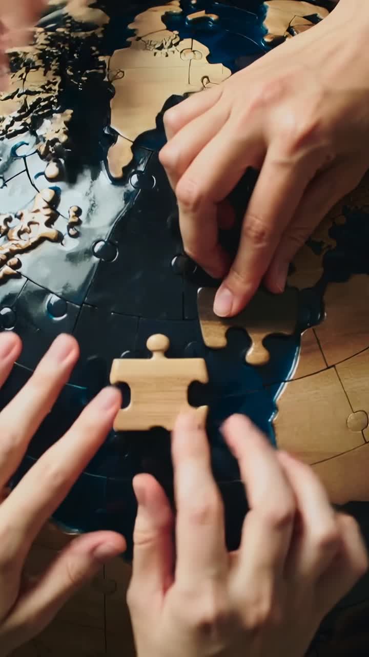 Vertical video: Entering hands fitting wooden globe puzzle pieces on table, finishing ocean seam