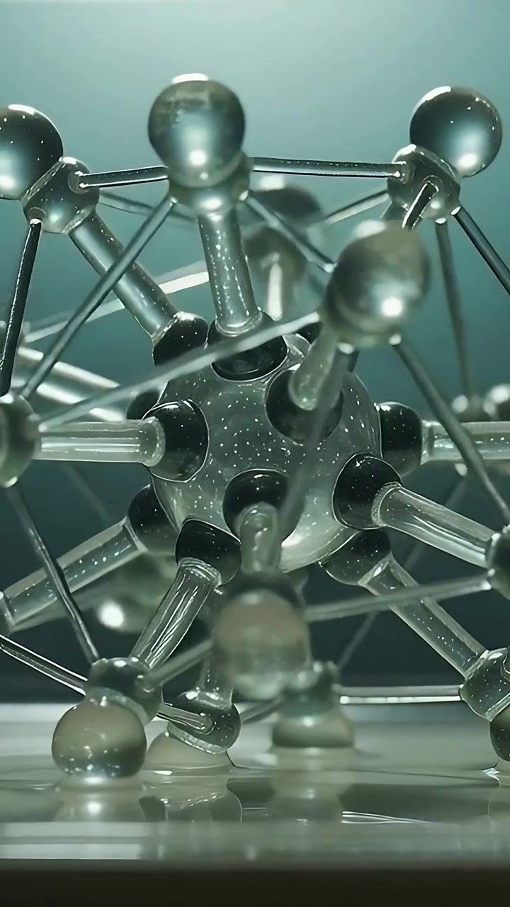 Vertical video: Camera moving starting molecular model rotating in studio, showing hub rods glints