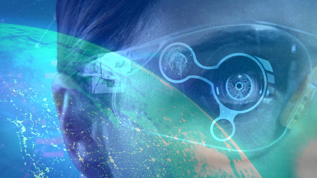 animación de y globo sobre mujer usando auriculares vr