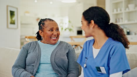 senior care, old woman and caregiver on sofa