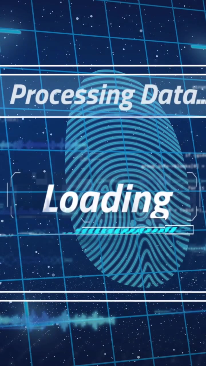 Animation of interface with data processing over biometric fingerprint scanner on blue background