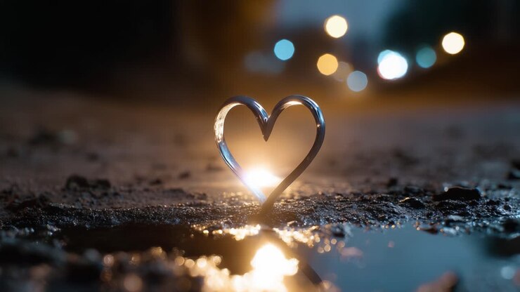 Un'accattivante riflesso a forma di cuore brilla in una pozzanghera, illuminata dalle luci soffuse della strada al crepuscolo, a simboleggiare l'amore e la speranza nella vita urbana